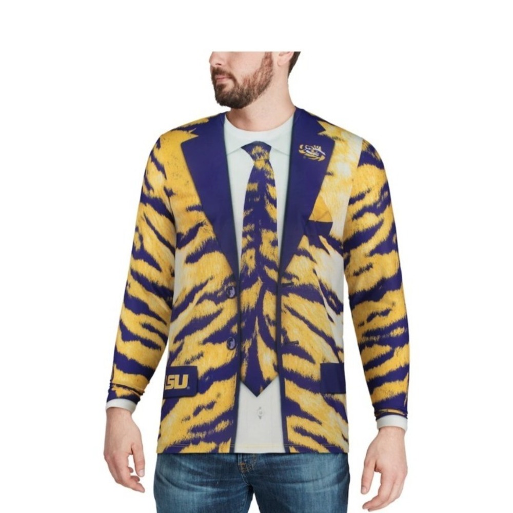 LSU Tigers Faux Real Long Sleeve T-Shirt Size XXL - Coat & Tie‎ Print